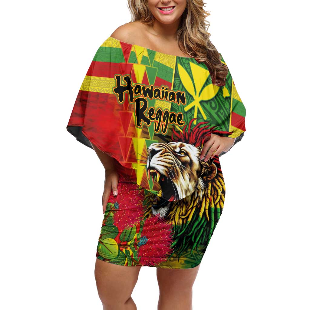 Hawaiian Reggae Off Shoulder Short Dress Kakau Art Motifs with Ohia Lehua and Rastafari Lion - Polynesian Pride