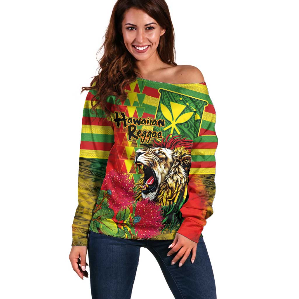 Hawaiian Reggae Off Shoulder Sweater Kakau Art Motifs with Ohia Lehua and Rastafari Lion - Polynesian Pride