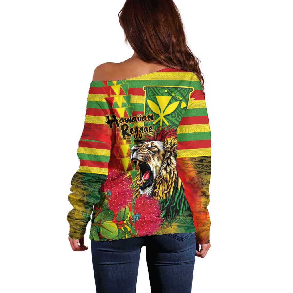 Hawaiian Reggae Off Shoulder Sweater Kakau Art Motifs with Ohia Lehua and Rastafari Lion - Polynesian Pride