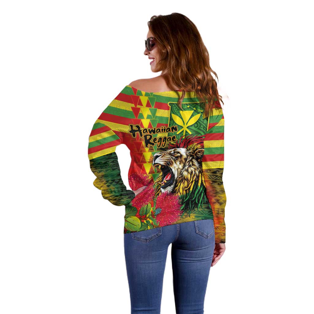 Hawaiian Reggae Off Shoulder Sweater Kakau Art Motifs with Ohia Lehua and Rastafari Lion - Polynesian Pride