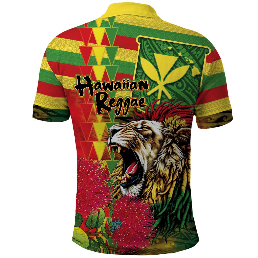 Hawaiian Reggae Polo Shirt - Kakau Art Motifs with Ohia Lehua and Rastafari Lion LT03 - Polynesian Pride