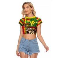 Hawaiian Reggae Raglan Cropped T Shirt Kakau Art Motifs with Ohia Lehua and Rastafari Lion LT03 Female Multicolor - Polynesian Pride