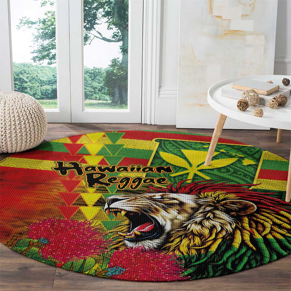 Hawaiian Reggae Round Carpet Kakau Art Motifs with Ohia Lehua and Rastafari Lion - Polynesian Pride