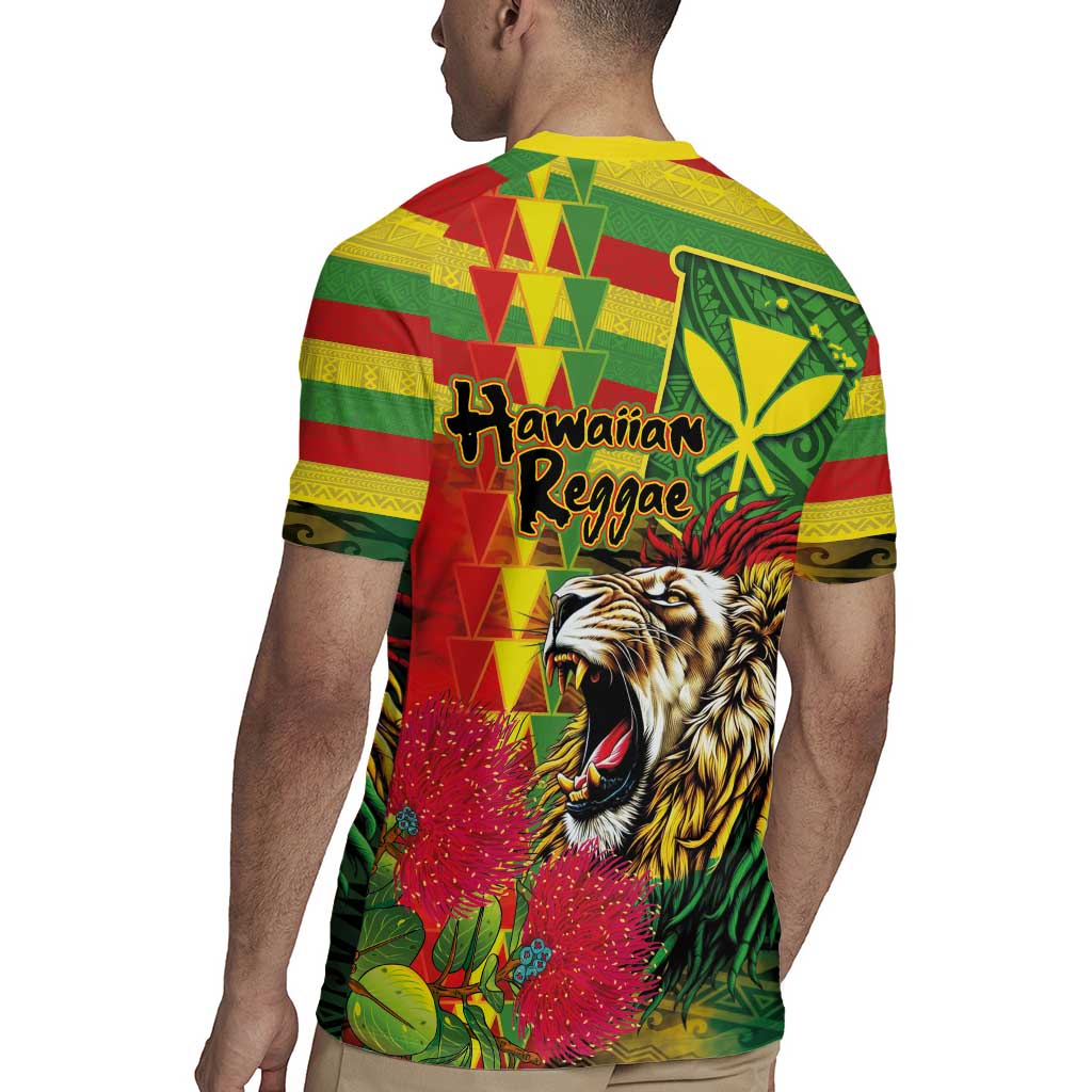 Hawaiian Reggae Rugby Jersey Kakau Art Motifs with Ohia Lehua and Rastafari Lion - Polynesian Pride