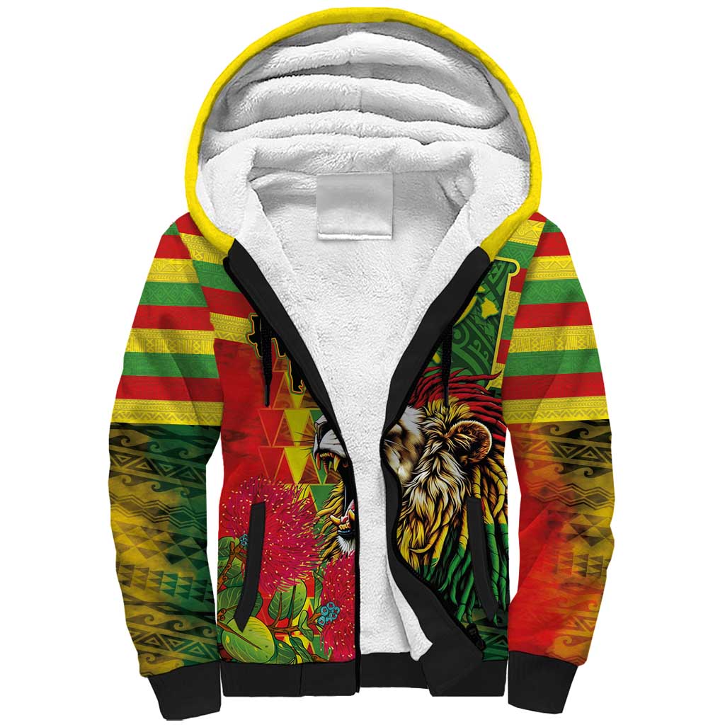 Hawaiian Reggae Sherpa Hoodie Kakau Art Motifs with Ohia Lehua and Rastafari Lion LT03 Unisex Multicolor - Polynesian Pride
