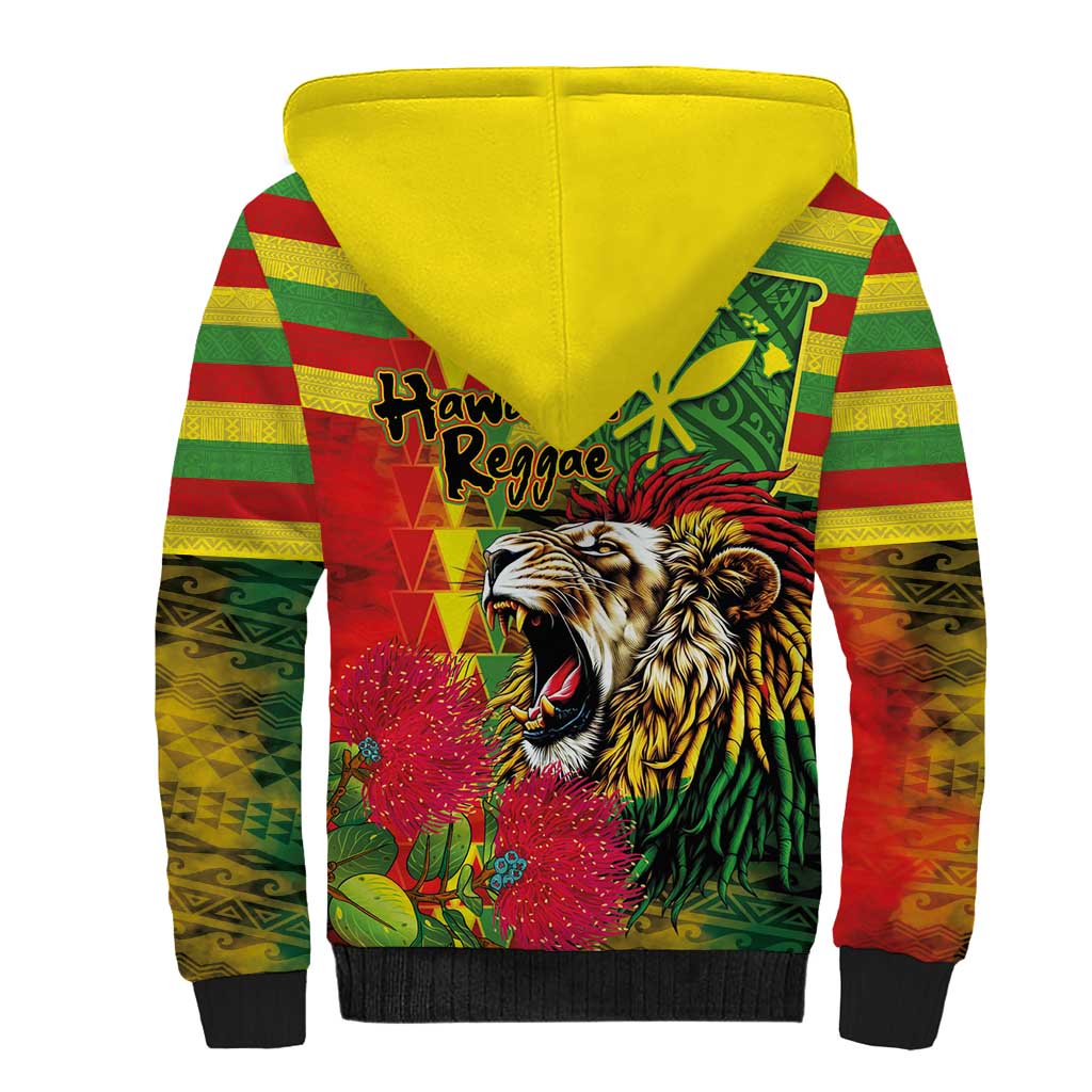 Hawaiian Reggae Sherpa Hoodie Kakau Art Motifs with Ohia Lehua and Rastafari Lion LT03 - Polynesian Pride