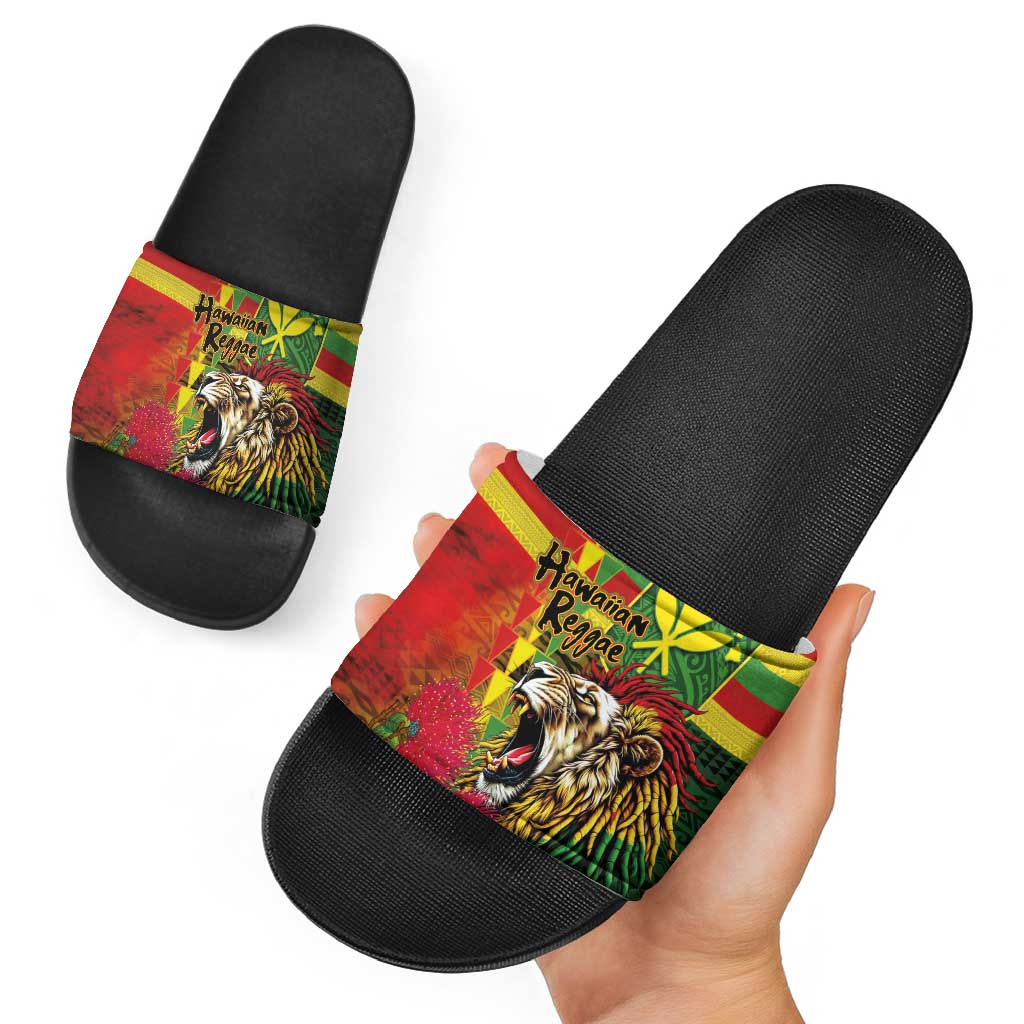 Hawaiian Reggae Slide Sandals Kakau Art Motifs with Ohia Lehua and Rastafari Lion - Polynesian Pride