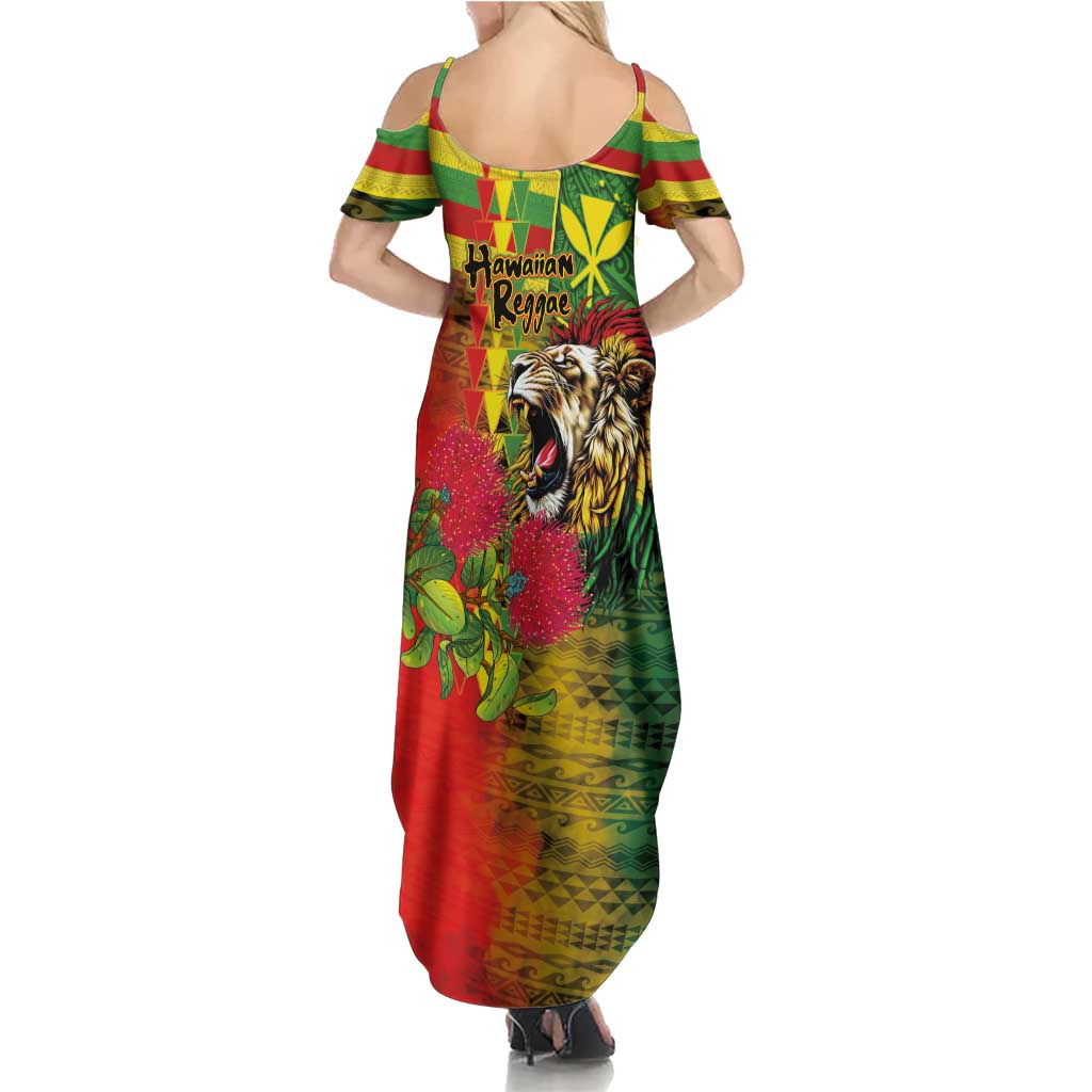 Hawaiian Reggae Summer Maxi Dress Kakau Art Motifs with Ohia Lehua and Rastafari Lion LT03 - Polynesian Pride