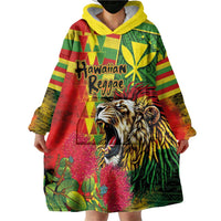 Hawaiian Reggae Wearable Blanket Hoodie Kakau Art Motifs with Ohia Lehua and Rastafari Lion LT03 - Polynesian Pride