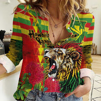Hawaiian Reggae Women Casual Shirt Kakau Art Motifs with Ohia Lehua and Rastafari Lion LT03 Female Multicolor - Polynesian Pride
