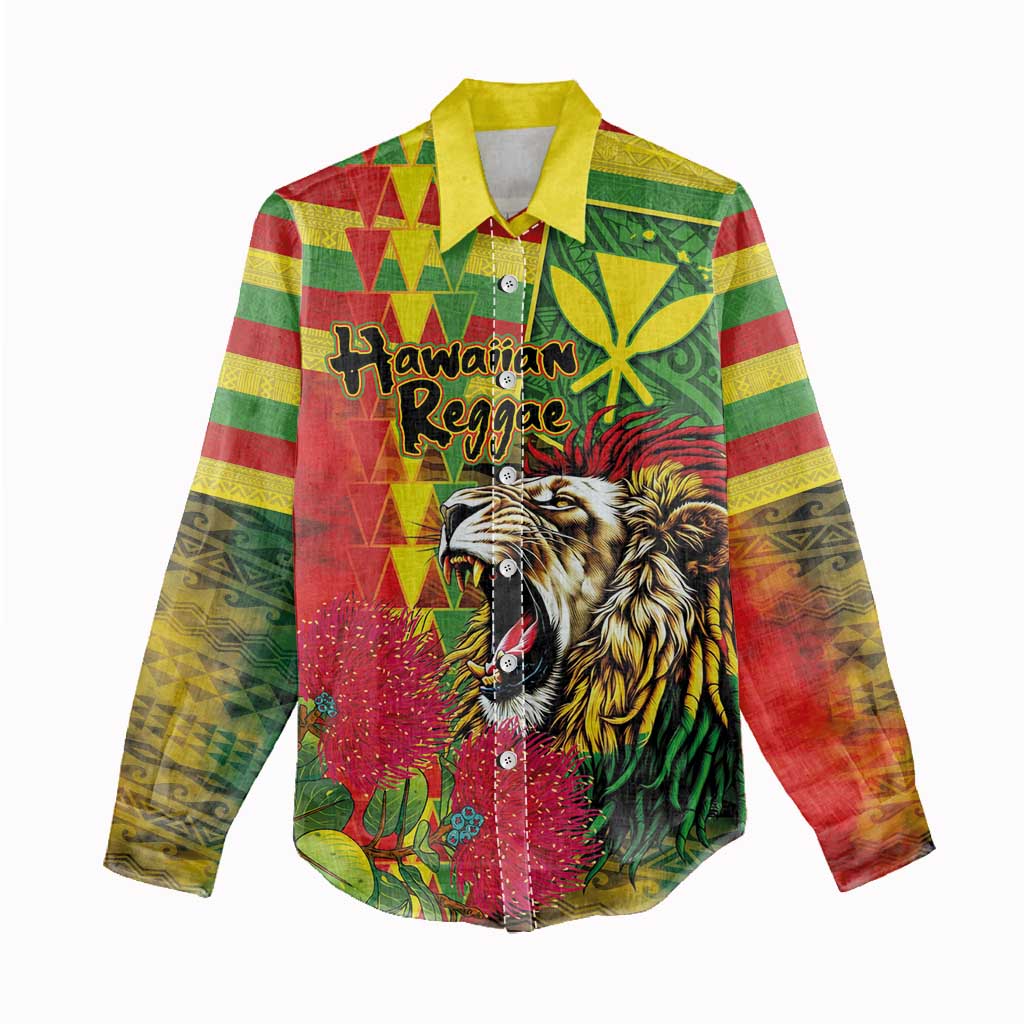 Hawaiian Reggae Women Casual Shirt Kakau Art Motifs with Ohia Lehua and Rastafari Lion LT03 - Polynesian Pride