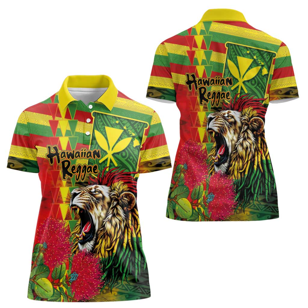Hawaiian Reggae Women Polo Shirt Kakau Art Motifs with Ohia Lehua and Rastafari Lion LT03 - Polynesian Pride