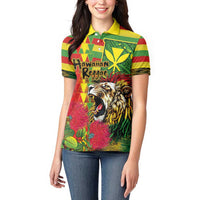 Hawaiian Reggae Women Polo Shirt Kakau Art Motifs with Ohia Lehua and Rastafari Lion LT03 - Polynesian Pride