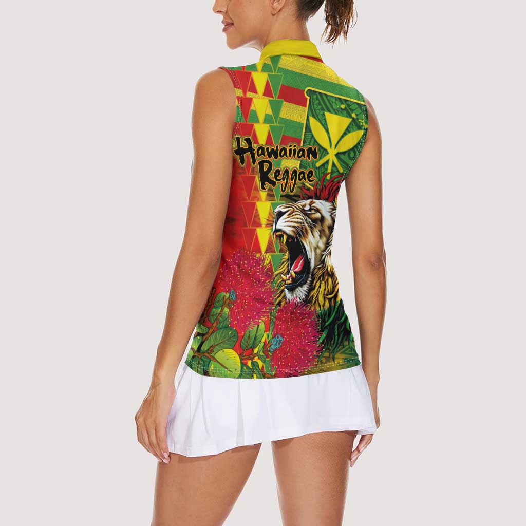 Hawaiian Reggae Women Sleeveless Polo Shirt Kakau Art Motifs with Ohia Lehua and Rastafari Lion LT03 - Polynesian Pride