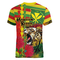 Hawaiian Reggae Women V-Neck T-Shirt Kakau Art Motifs with Ohia Lehua and Rastafari Lion LT03 - Polynesian Pride