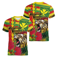 Hawaiian Reggae Women V-Neck T-Shirt Kakau Art Motifs with Ohia Lehua and Rastafari Lion LT03 - Polynesian Pride