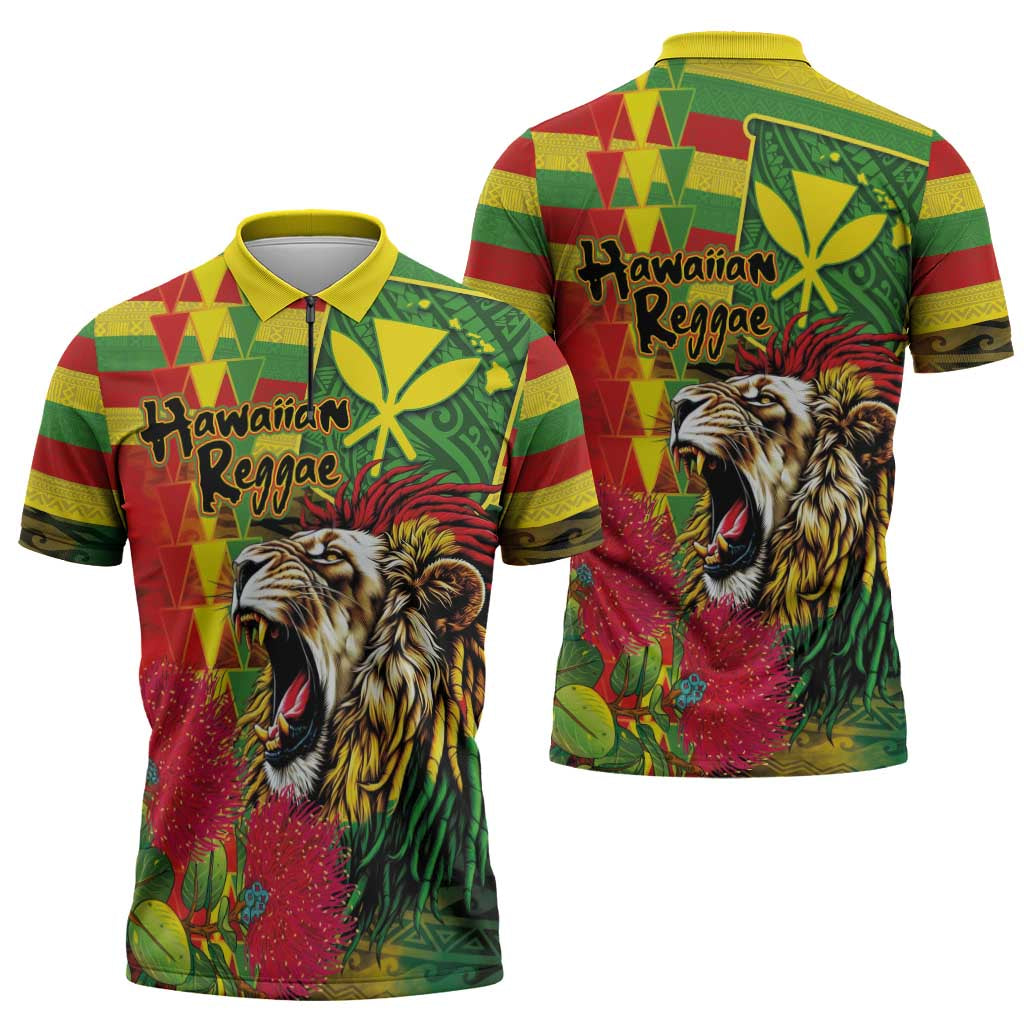 Hawaiian Reggae Zipper Polo Shirt Kakau Art Motifs with Ohia Lehua and Rastafari Lion LT03 - Polynesian Pride