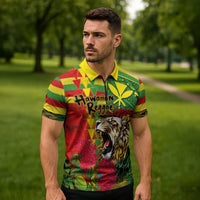 Hawaiian Reggae Zipper Polo Shirt Kakau Art Motifs with Ohia Lehua and Rastafari Lion LT03 - Polynesian Pride