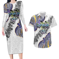 Traditional Art Hawaiian Kakau Tattoos Couples Matching Long Sleeve Bodycon Dress and Hawaiian Shirt Graffiti Style LT03 White - Polynesian Pride
