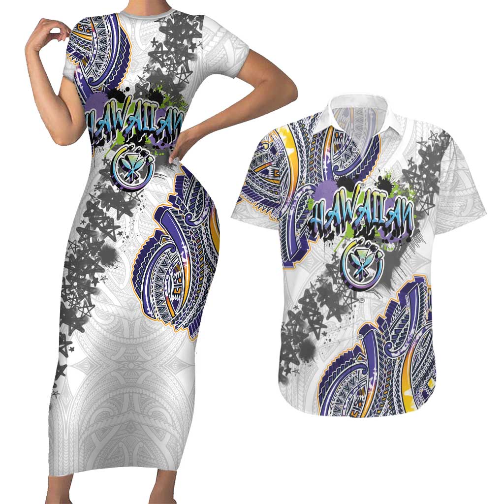 Traditional Art Hawaiian Kakau Tattoos Couples Matching Short Sleeve Bodycon Dress and Hawaiian Shirt Graffiti Style LT03 White - Polynesian Pride