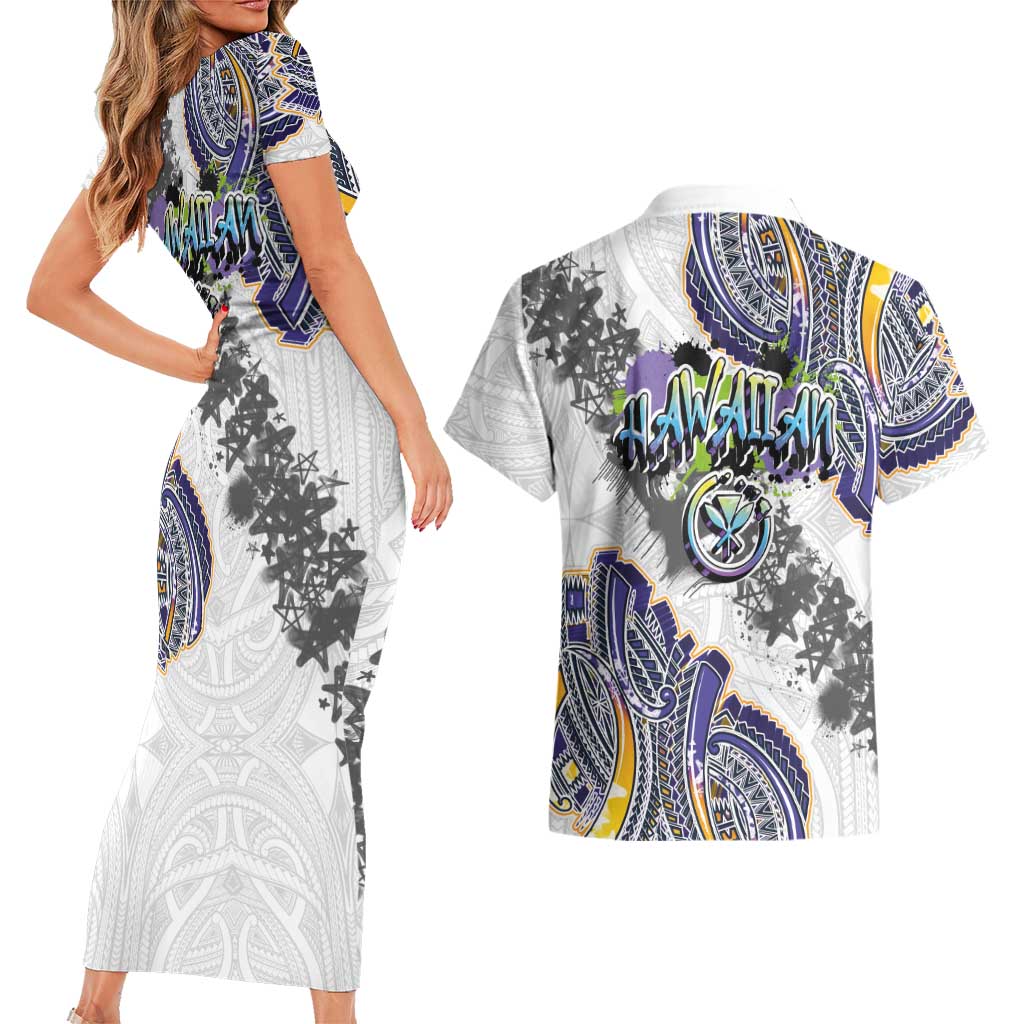 Traditional Art Hawaiian Kakau Tattoos Couples Matching Short Sleeve Bodycon Dress and Hawaiian Shirt Graffiti Style LT03 - Polynesian Pride