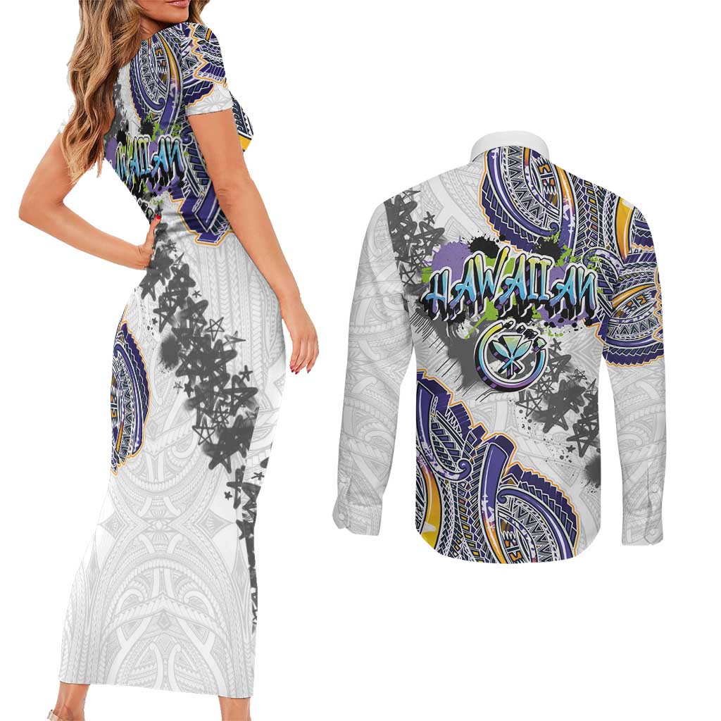 Traditional Art Hawaiian Kakau Tattoos Couples Matching Short Sleeve Bodycon Dress and Long Sleeve Button Shirt Graffiti Style - Polynesian Pride
