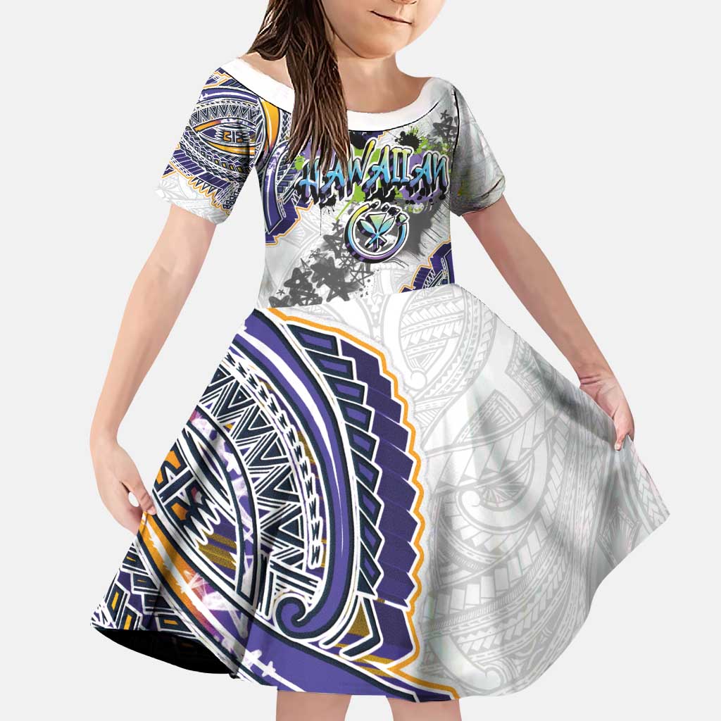 Traditional Art Hawaiian Kakau Tattoos Family Matching Off The Shoulder Long Sleeve Dress and Hawaiian Shirt Graffiti Style LT03 Daughter's Dress White - Polynesian Pride