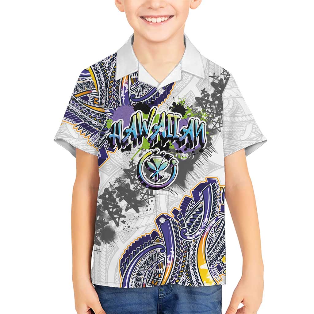 Traditional Art Hawaiian Kakau Tattoos Family Matching Off The Shoulder Long Sleeve Dress and Hawaiian Shirt Graffiti Style LT03 Son's Shirt White - Polynesian Pride