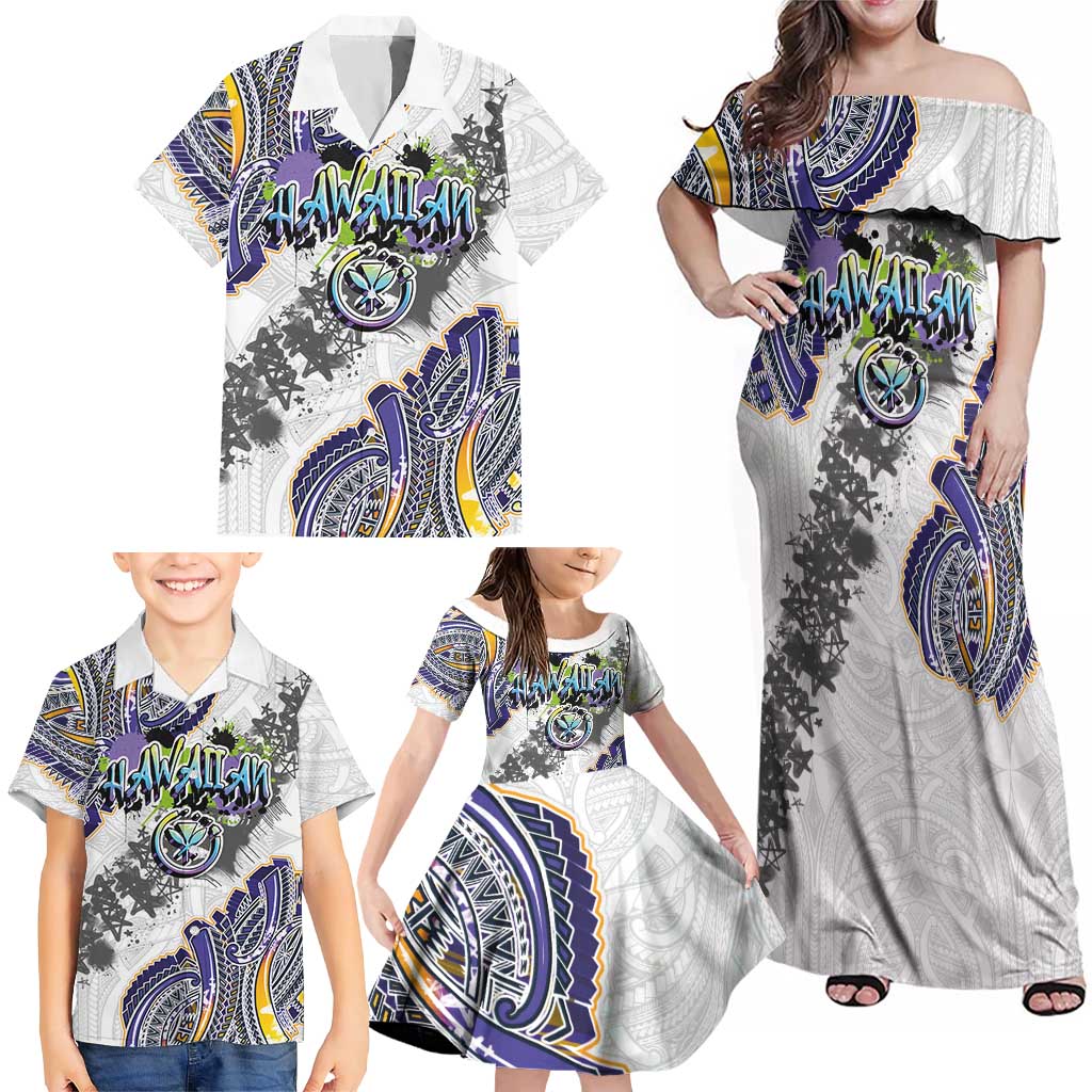 Traditional Art Hawaiian Kakau Tattoos Family Matching Off Shoulder Maxi Dress and Hawaiian Shirt Graffiti Style LT03 - Polynesian Pride