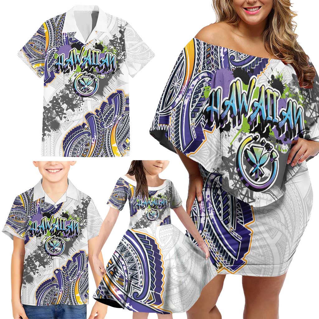 Traditional Art Hawaiian Kakau Tattoos Family Matching Off Shoulder Short Dress and Hawaiian Shirt Graffiti Style - Polynesian Pride
