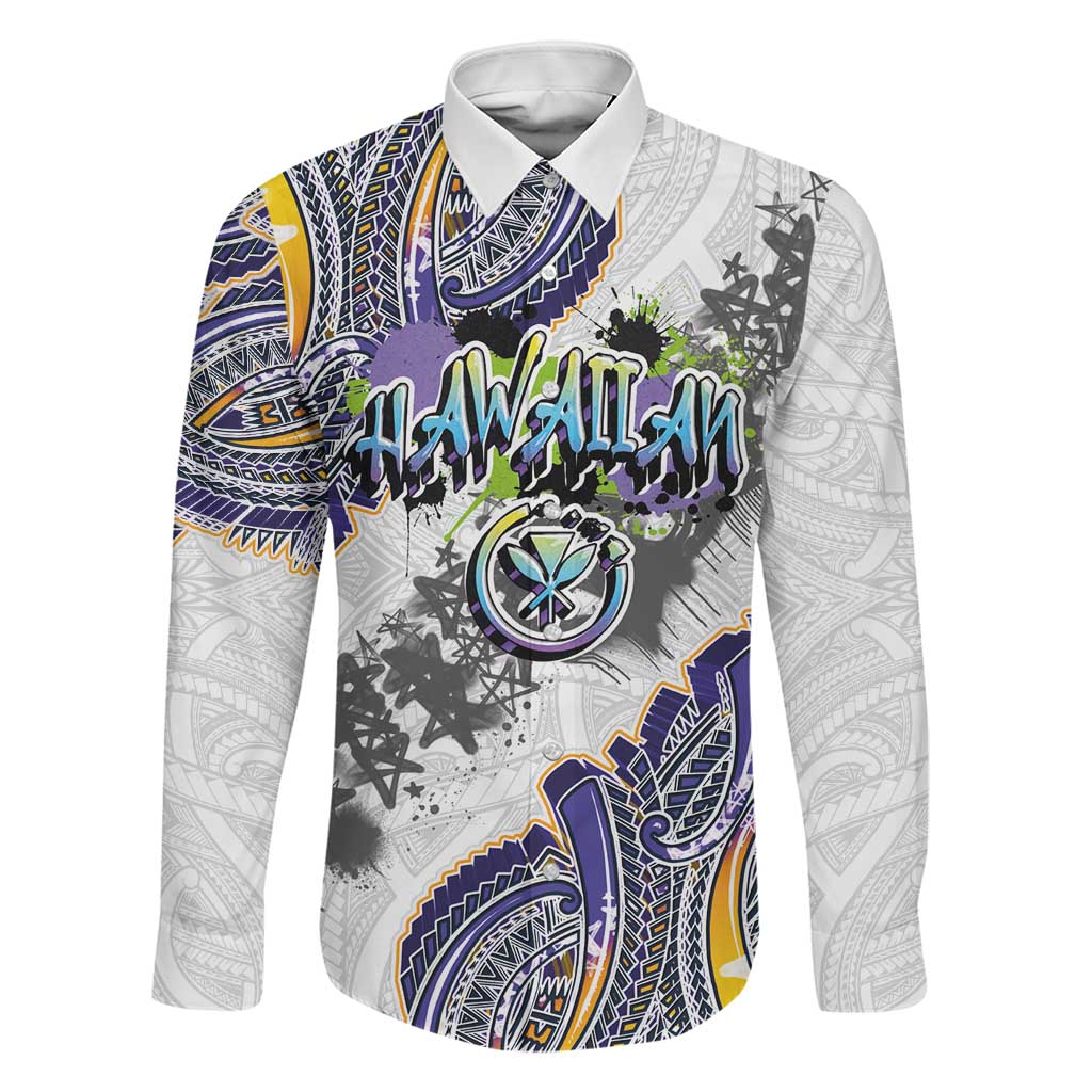 Traditional Art Hawaiian Kakau Tattoos Family Matching Short Sleeve Bodycon Dress and Hawaiian Shirt Graffiti Style LT03 Dad's Shirt - Long Sleeve White - Polynesian Pride