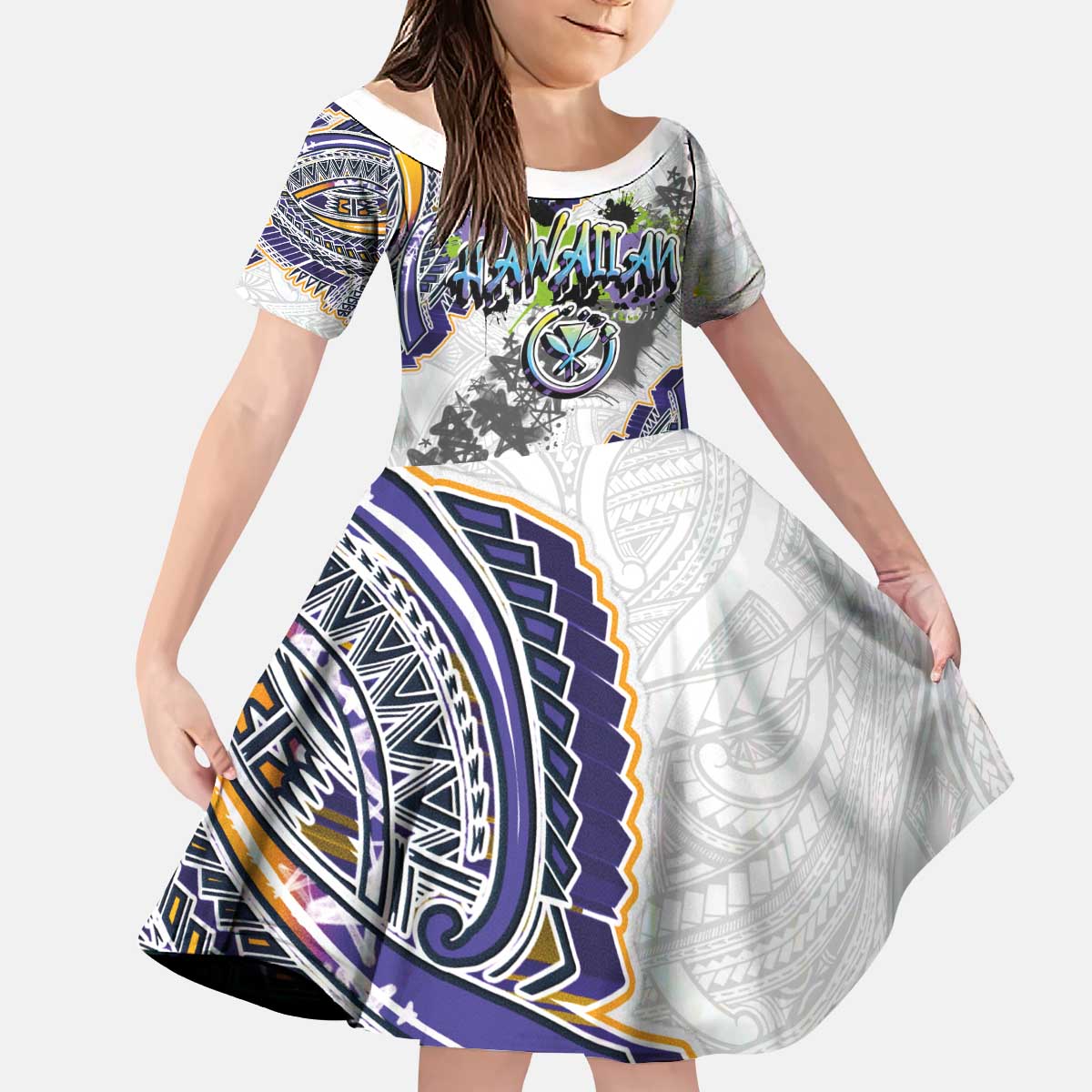 Traditional Art Hawaiian Kakau Tattoos Kid Short Sleeve Dress Graffiti Style - Polynesian Pride