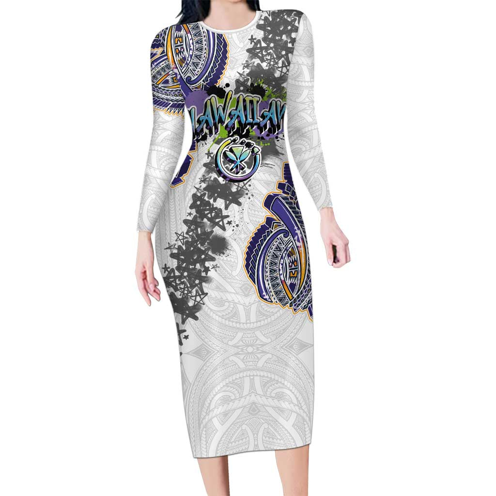 Traditional Art Hawaiian Kakau Tattoos Long Sleeve Bodycon Dress Graffiti Style - Polynesian Pride