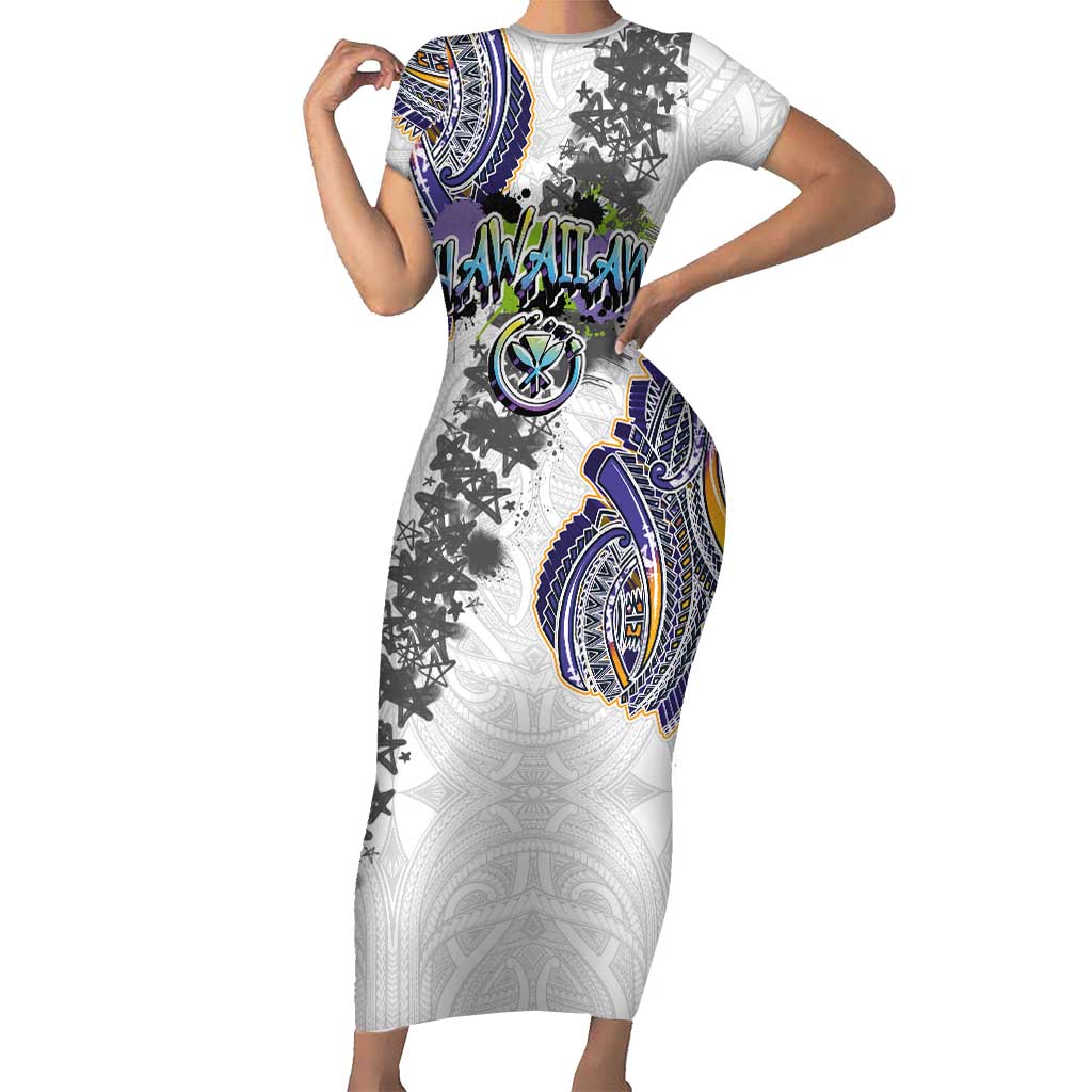 Traditional Art Hawaiian Kakau Tattoos Short Sleeve Bodycon Dress Graffiti Style - Polynesian Pride