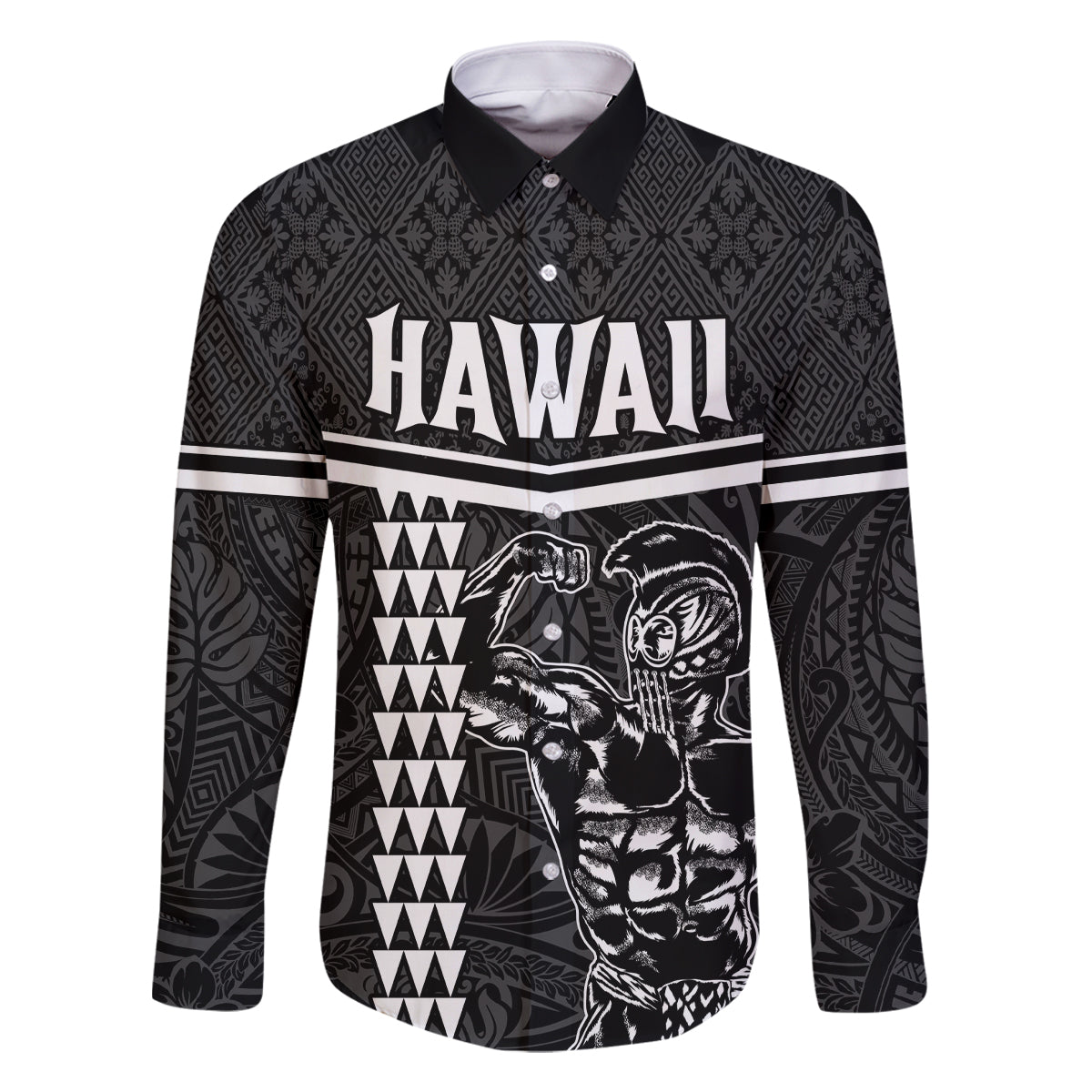 Custom Hawaii Warrior Family Matching Long Sleeve Bodycon Dress and Hawaiian Shirt Kakau Quilt Pattern LT03 Dad's Shirt - Long Sleeve Black - Polynesian Pride