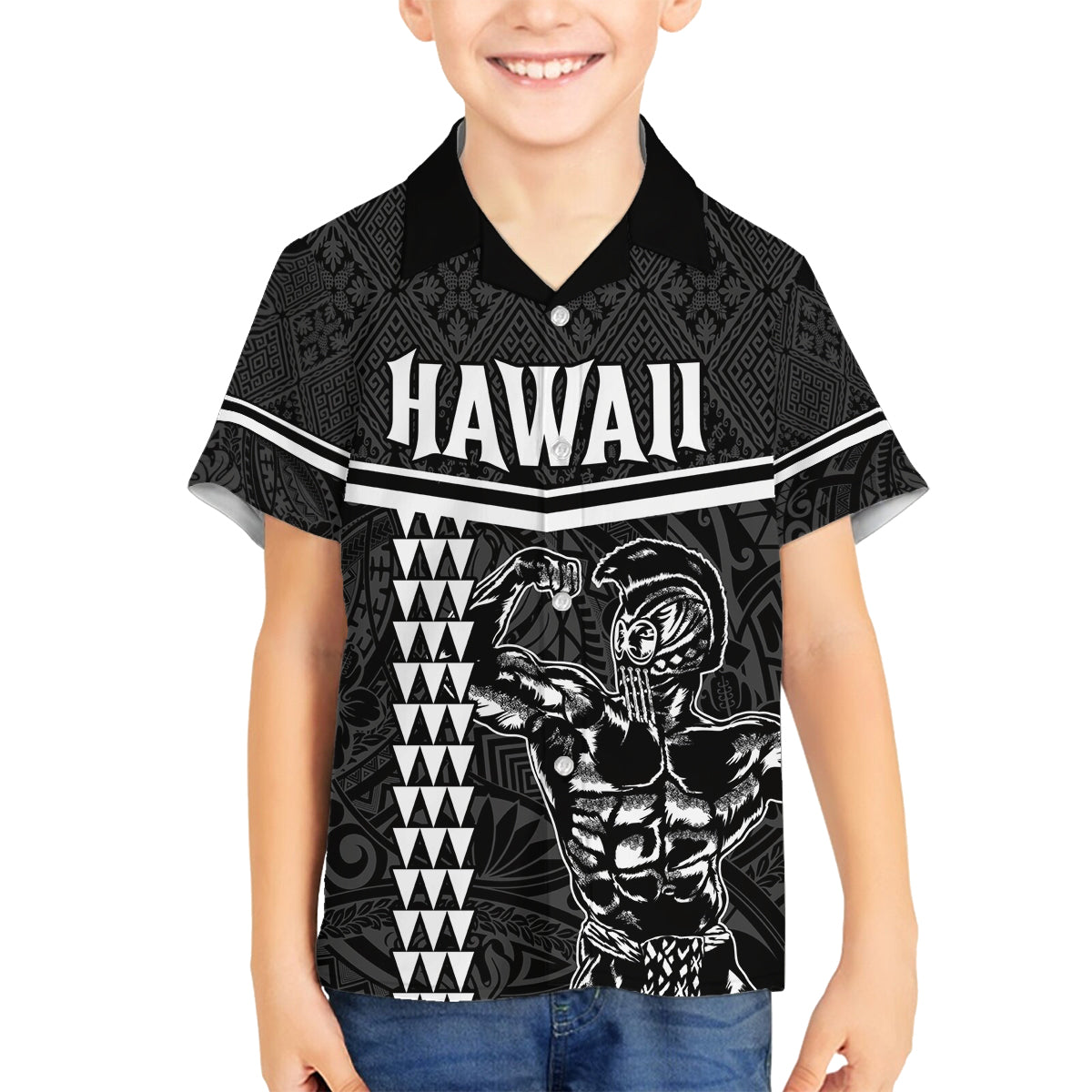 Custom Hawaii Warrior Family Matching Off Shoulder Maxi Dress and Hawaiian Shirt Kakau Quilt Pattern LT03 Son's Shirt Black - Polynesian Pride