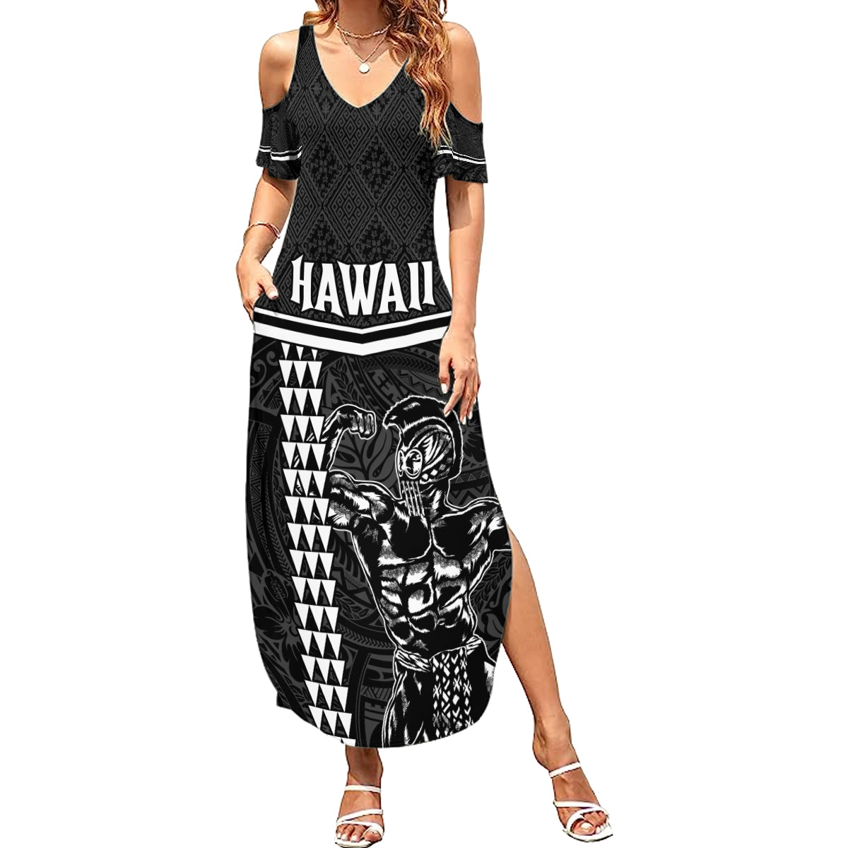 Custom Hawaii Warrior Summer Maxi Dress Kakau Quilt Pattern LT03 Women Black - Polynesian Pride