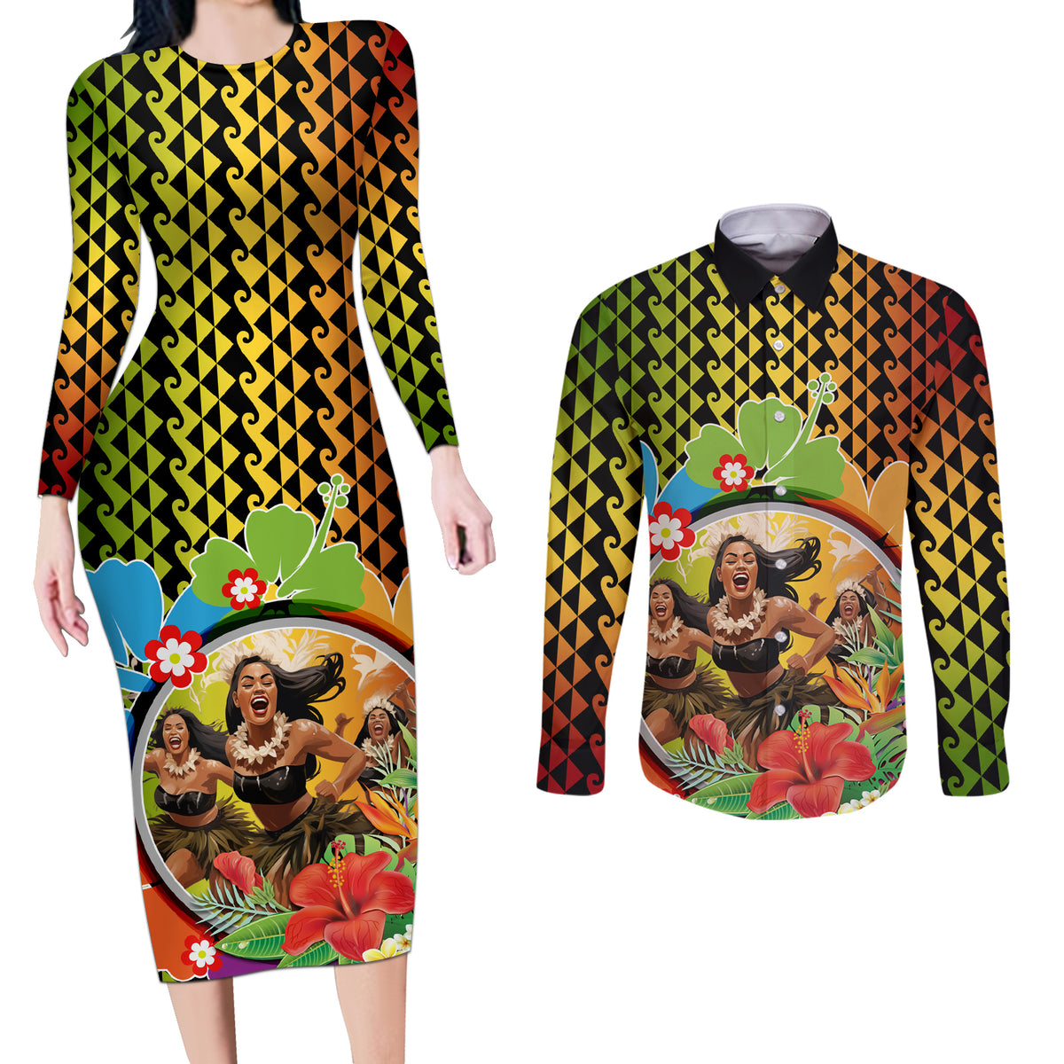 Hawaii Womens Day Wahine Couples Matching Long Sleeve Bodycon Dress and Long Sleeve Button Shirt Strong Beautiful Woman with Kakau Style LT03 Red - Polynesian Pride