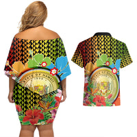 Hawaii Womens Day Wahine Couples Matching Off Shoulder Short Dress and Hawaiian Shirt Strong Beautiful Woman with Kakau Style LT03 - Polynesian Pride