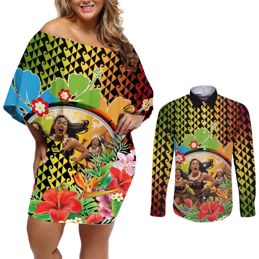 Hawaii Womens Day Wahine Couples Matching Off Shoulder Short Dress and Long Sleeve Button Shirt Strong Beautiful Woman with Kakau Style LT03 Red - Polynesian Pride