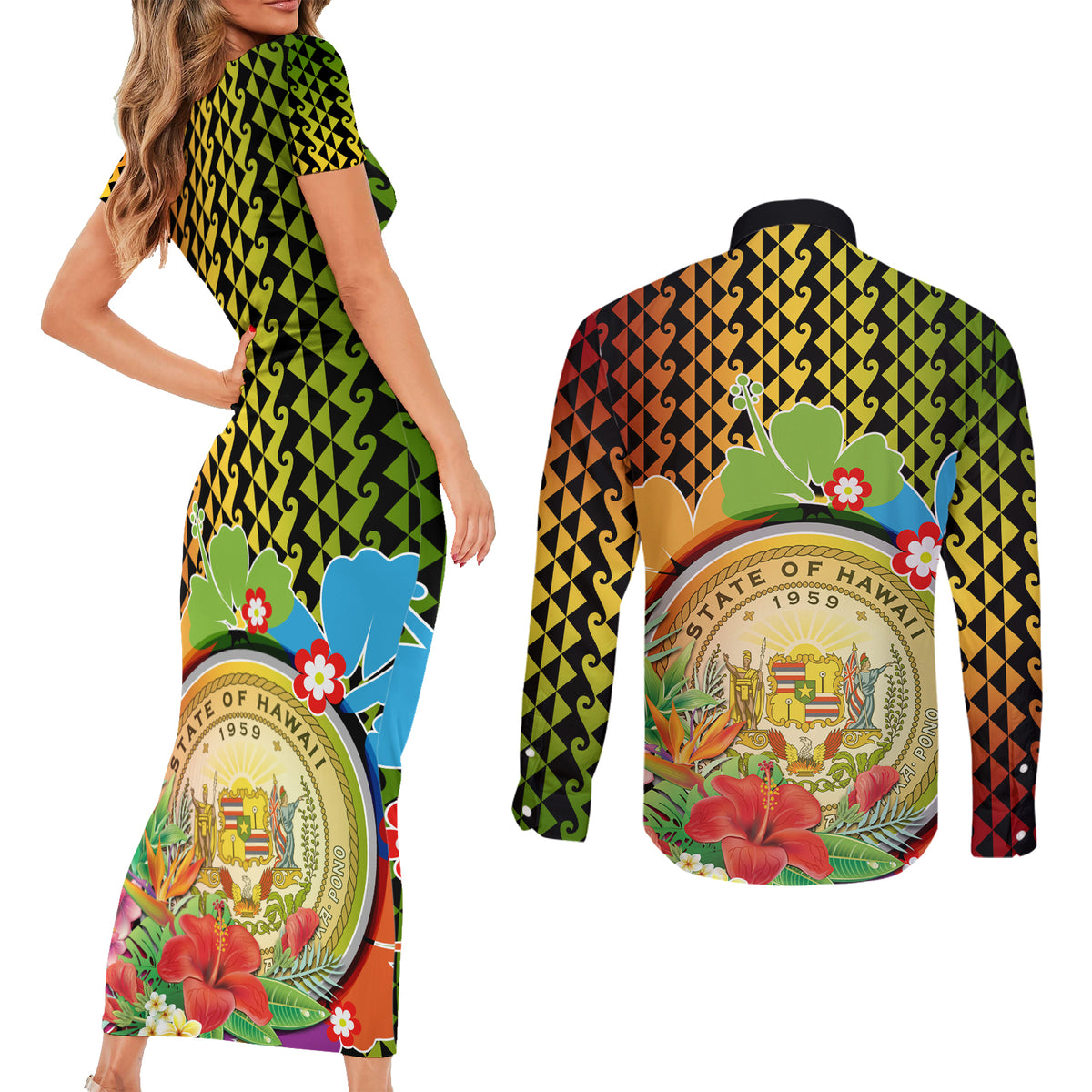 Hawaii Womens Day Wahine Couples Matching Short Sleeve Bodycon Dress and Long Sleeve Button Shirt Strong Beautiful Woman with Kakau Style LT03 - Polynesian Pride