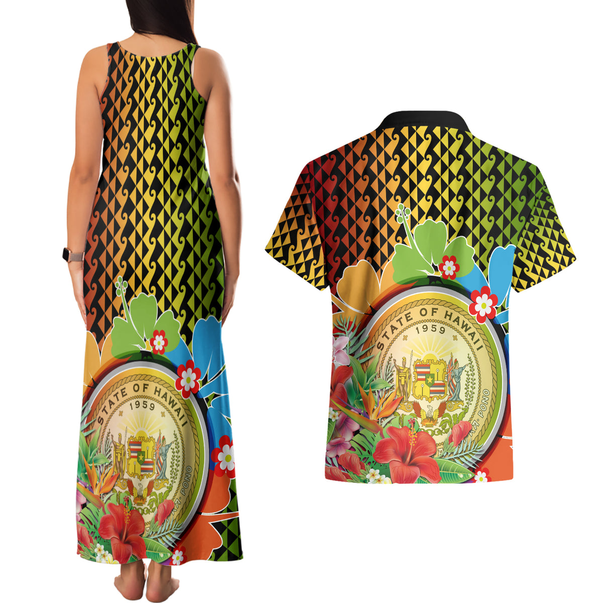 Hawaii Womens Day Wahine Couples Matching Tank Maxi Dress and Hawaiian Shirt Strong Beautiful Woman with Kakau Style LT03 - Polynesian Pride