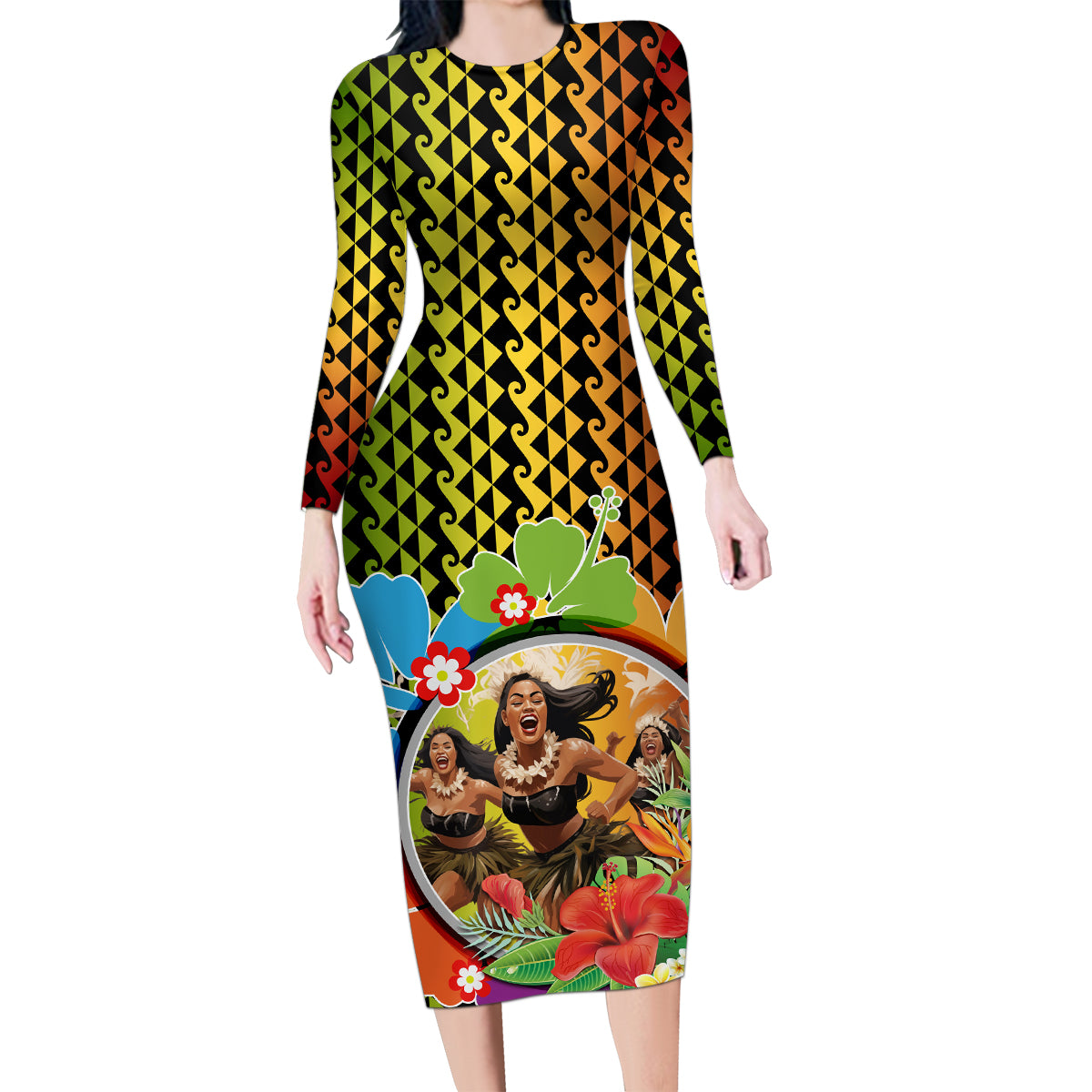 Hawaii Womens Day Wahine Family Matching Long Sleeve Bodycon Dress and Hawaiian Shirt Strong Beautiful Woman with Kakau Style LT03 Mom's Dress Red - Polynesian Pride