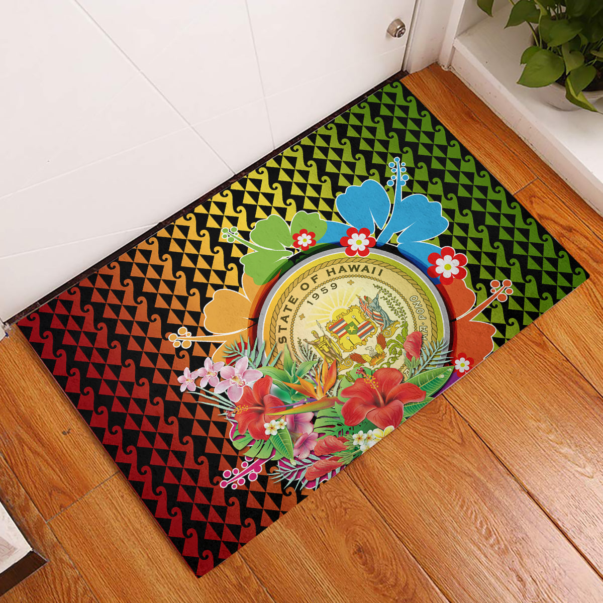 Hawaii Womens Day Wahine Rubber Doormat Strong Beautiful Woman with Kakau Style LT03 Red - Polynesian Pride