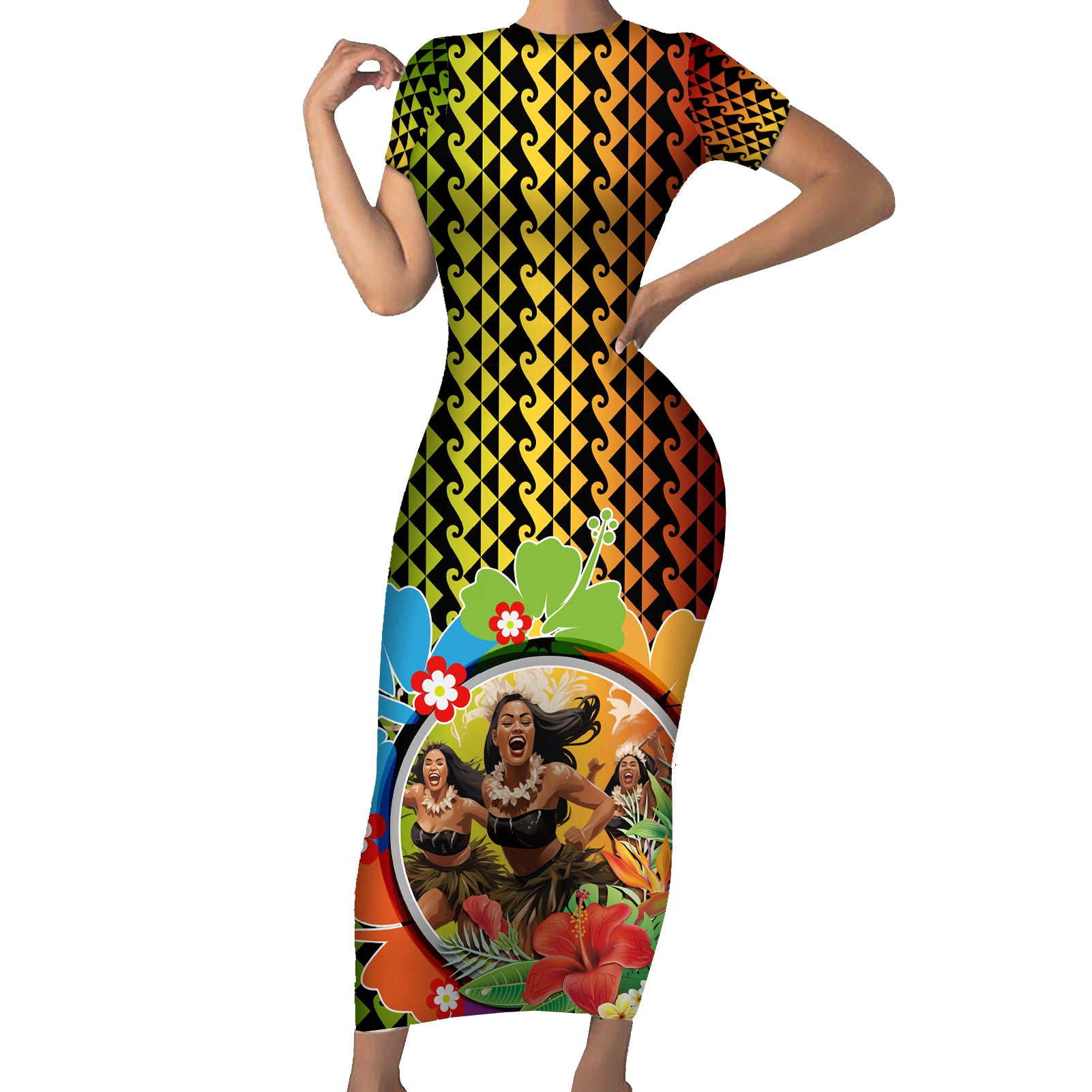 Hawaii Womens Day Wahine Short Sleeve Bodycon Dress Strong Beautiful Woman with Kakau Style LT03 Long Dress Red - Polynesian Pride