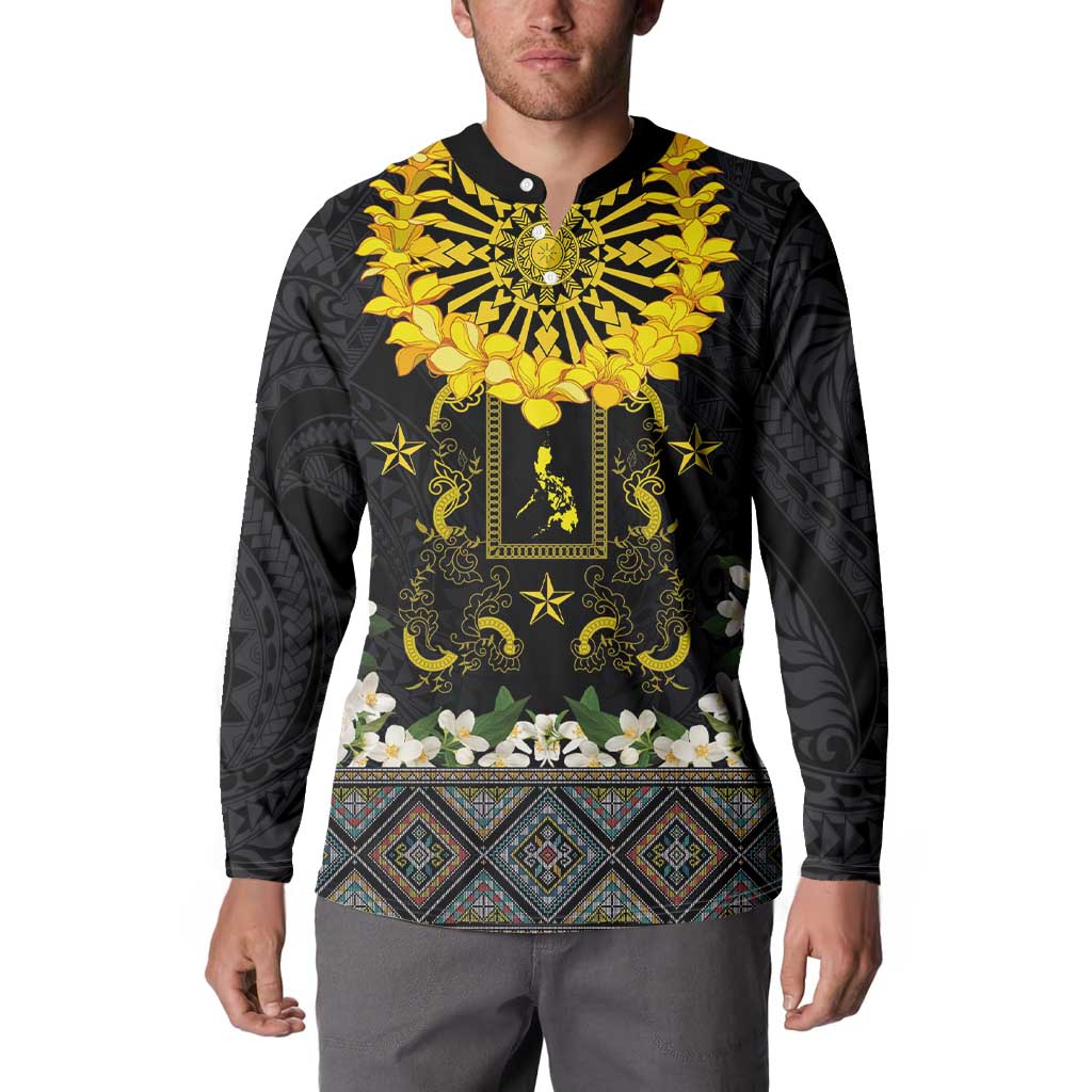 Flores de Mayo and Filipino Fiesta Button Sweatshirt The Sun-Jasmine and Polynesian Yakan Tattoo Barong Style