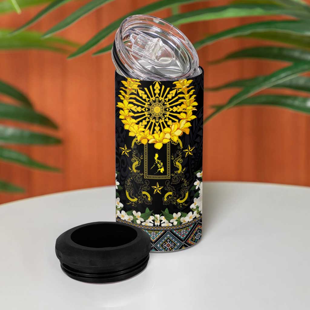 Flores de Mayo and Filipino Fiesta 4 in 1 Can Cooler Tumbler The Sun-Jasmine and Polynesian Yakan Tattoo Barong Style