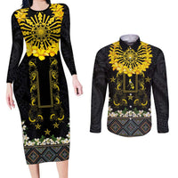 Flores de Mayo and Filipino Fiesta Couples Matching Long Sleeve Bodycon Dress and Long Sleeve Button Shirt The Sun-Jasmine and Polynesian Yakan Tattoo Barong Style LT03 Black - Polynesian Pride