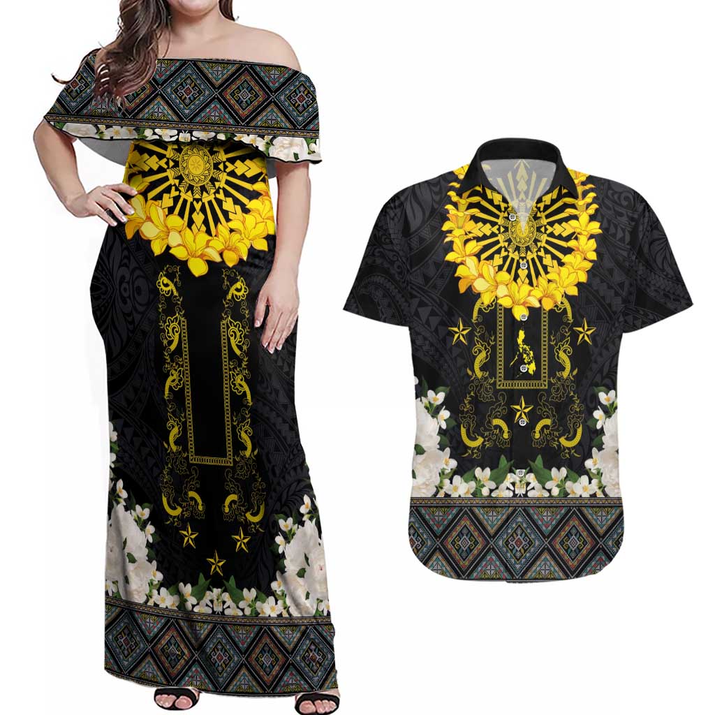 Flores de Mayo and Filipino Fiesta Couples Matching Off Shoulder Maxi Dress and Hawaiian Shirt The Sun-Jasmine and Polynesian Yakan Tattoo Barong Style