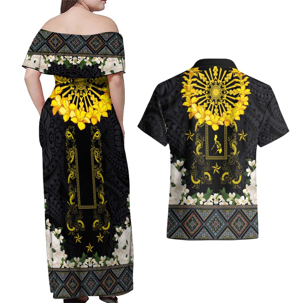 Flores de Mayo and Filipino Fiesta Couples Matching Off Shoulder Maxi Dress and Hawaiian Shirt The Sun-Jasmine and Polynesian Yakan Tattoo Barong Style